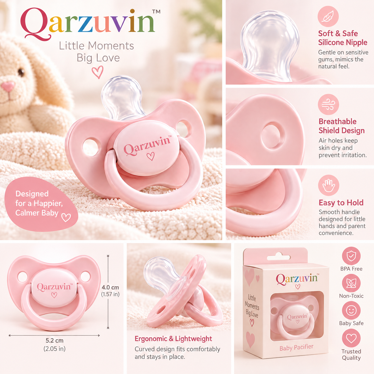 Qarzuvin™ Ultra-Soft Silicone Baby Pacifier – Ergonomic Breathable Shield with Easy-Grip Ring, BPA-Free Soother for Newborns &amp; Infants, Pastel Pink