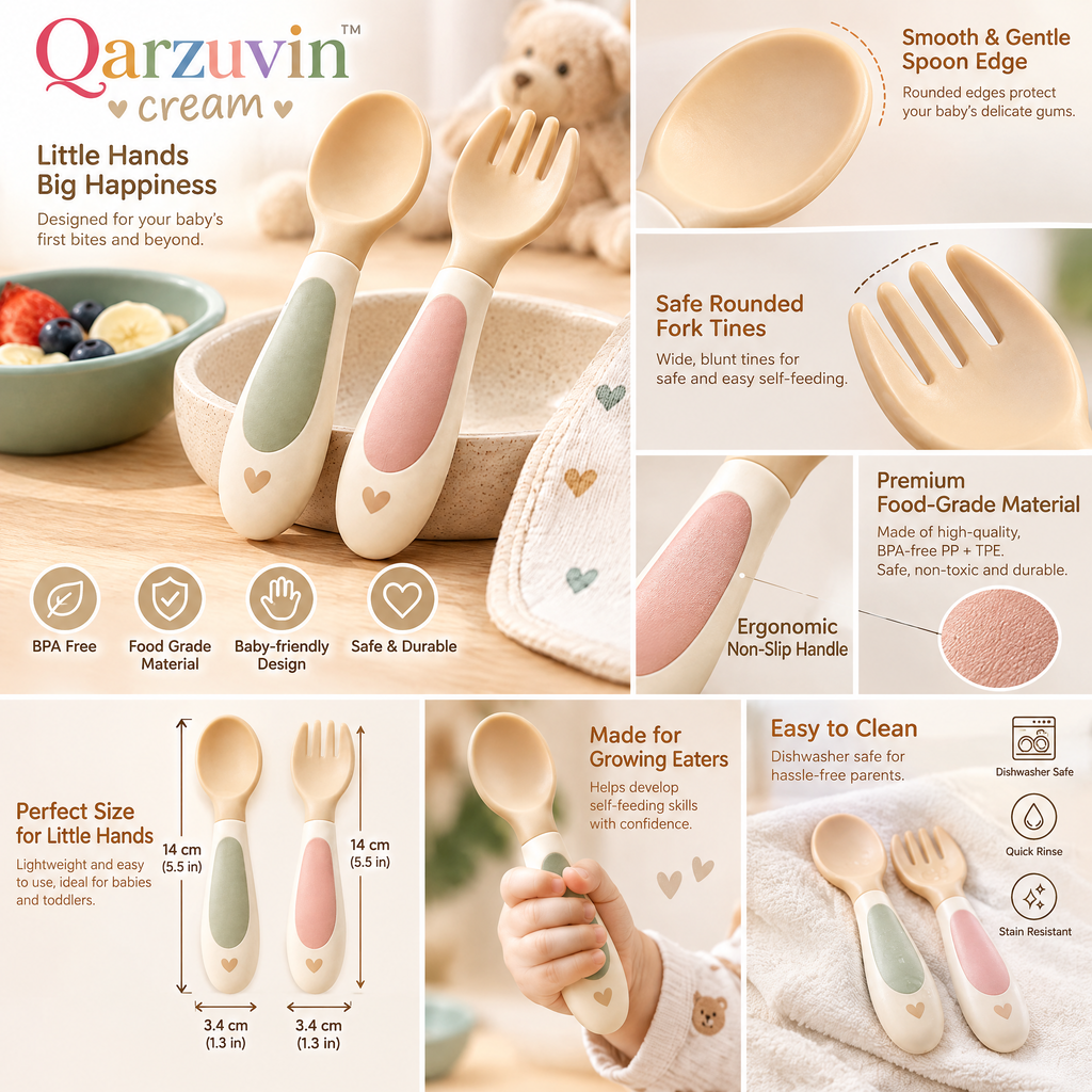 Qarzuvin™ Baby Spoon and Fork Set – Ergonomic Self-Feeding Toddler Utensils with Easy-Grip Handles for Baby-Led Weaning (Cream &amp; Pastel)
