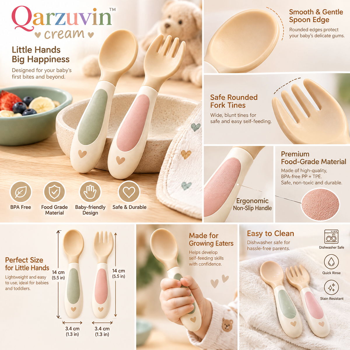 Qarzuvin™ Baby Spoon and Fork Set – Ergonomic Self-Feeding Toddler Utensils with Easy-Grip Handles for Baby-Led Weaning (Cream &amp; Pastel)