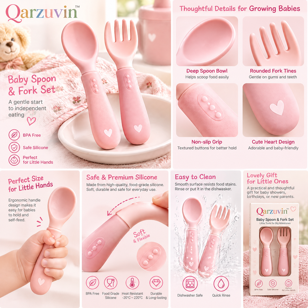 Qarzuvin™ Silicone Baby Spoon and Fork Set – BPA-Free Self-Feeding Toddler Utensils with Easy-Grip Ergonomic Handles (Blush Pink)
