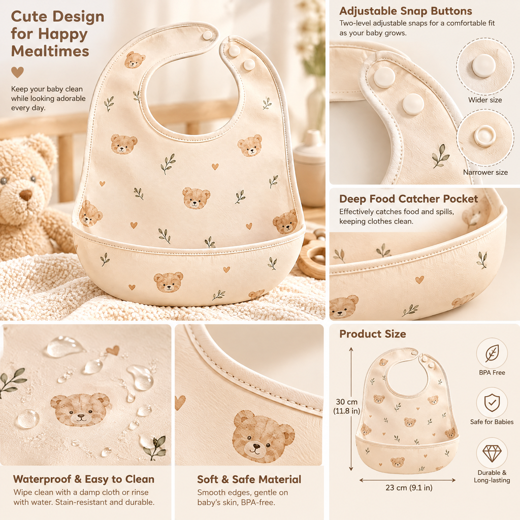 Qarzuvin™ Waterproof Baby Bib with Deep Food Catcher Pocket – Adjustable Snap Closure Wipe-Clean Toddler Feeding Bib for Weaning (Teddy Bear Print)