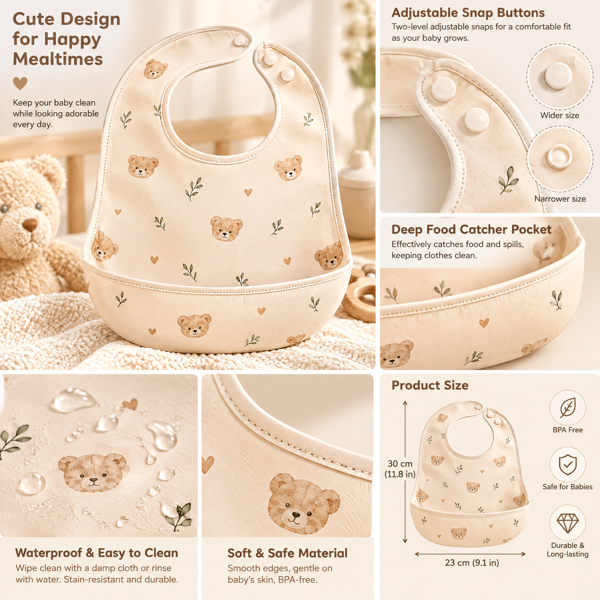 Qarzuvin™ Waterproof Baby Bib with Deep Food Catcher Pocket – Adjustable Snap Closure Wipe-Clean Toddler Feeding Bib for Weaning (Teddy Bear Print)