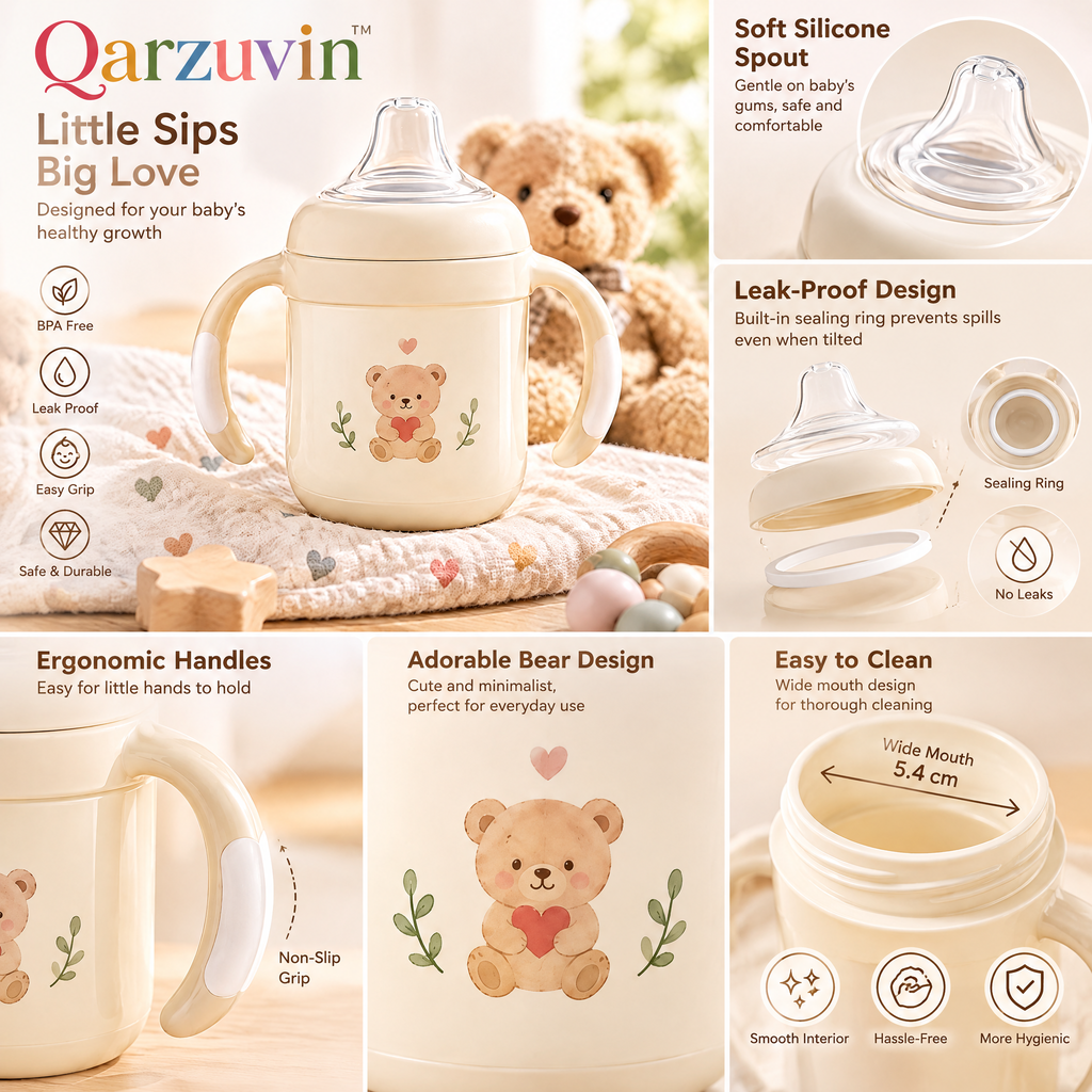Qarzuvin™ Baby Sippy Cup with Handles – Spill-Proof Toddler Transition Cup with Soft Silicone Spout, BPA-Free Easy-Grip Training Cup (Cream Bear)