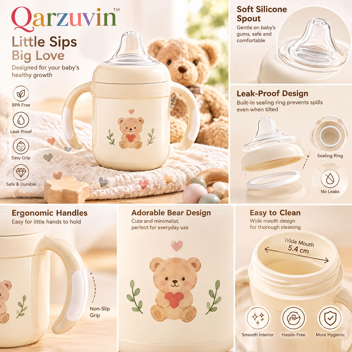 Qarzuvin™ Baby Sippy Cup with Handles – Spill-Proof Toddler Transition Cup with Soft Silicone Spout, BPA-Free Easy-Grip Training Cup (Cream Bear)