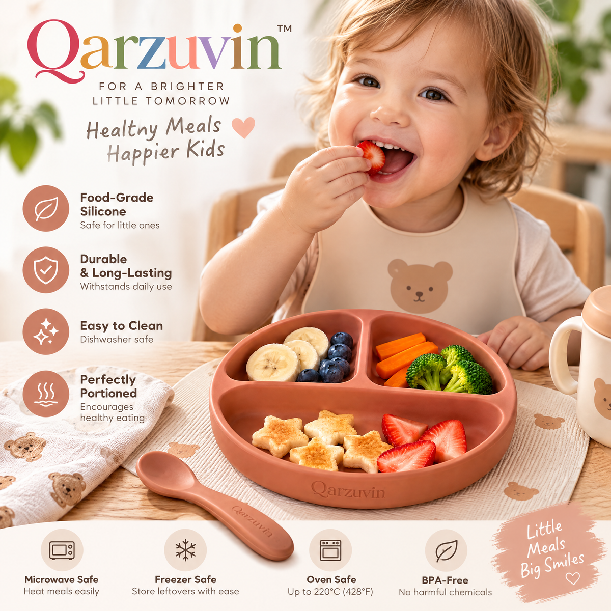 Qarzuvin™ Silicone Divided Toddler Plate with Matching Spoon, 100% Food-Grade Self-Feeding Plate for Babies &amp; Toddlers, Terracotta