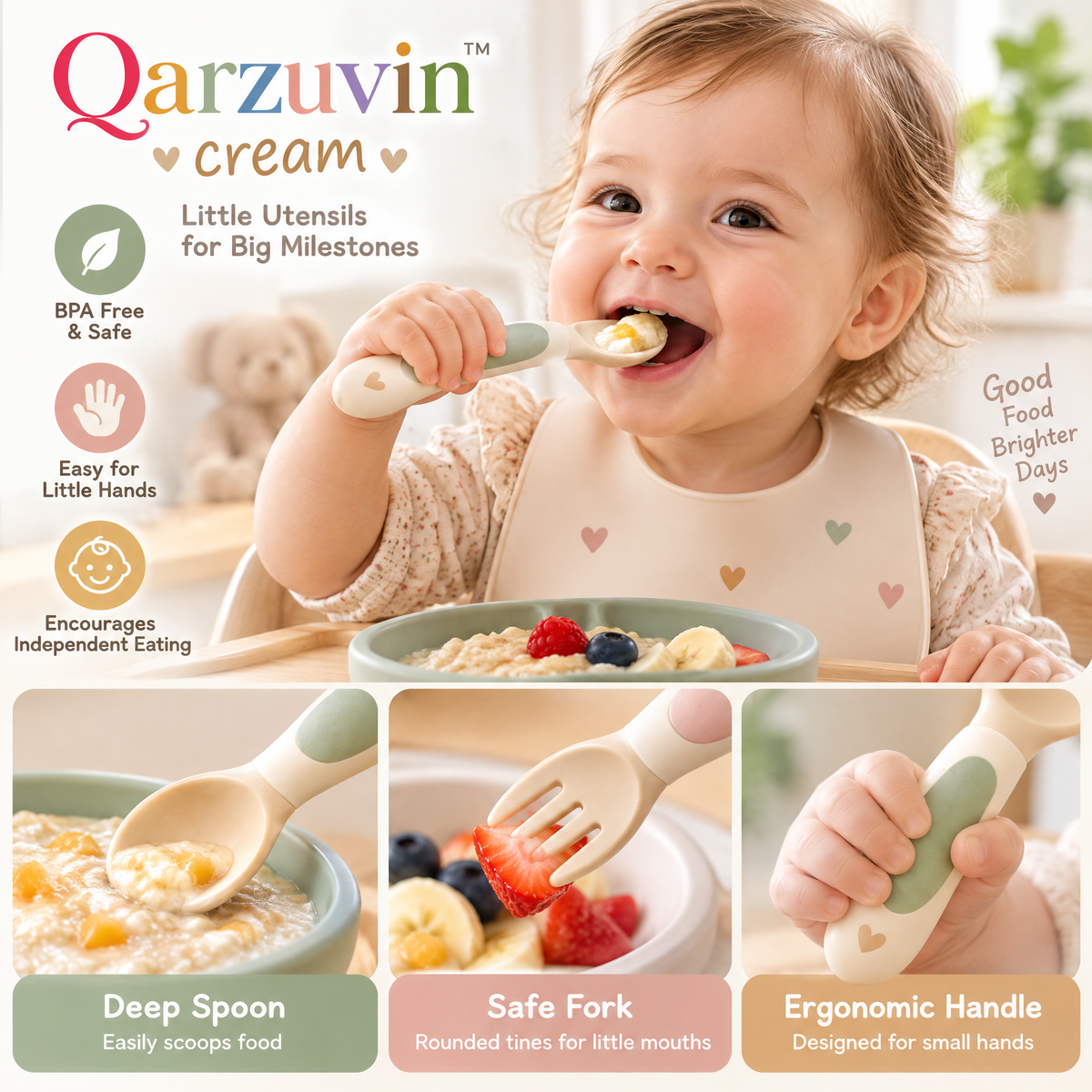 Qarzuvin™ Baby Spoon and Fork Set – Ergonomic Self-Feeding Toddler Utensils with Easy-Grip Handles for Baby-Led Weaning (Cream &amp; Pastel)