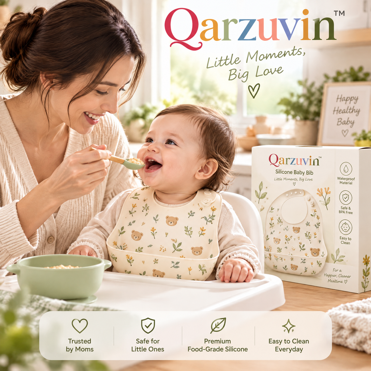 Qarzuvin™ Waterproof Silicone Baby Bib with Deep Food Catcher – BPA-Free, Adjustable &amp; Easy-to-Clean Feeding Bib for Babies and Toddlers (Teddy Bear Floral)