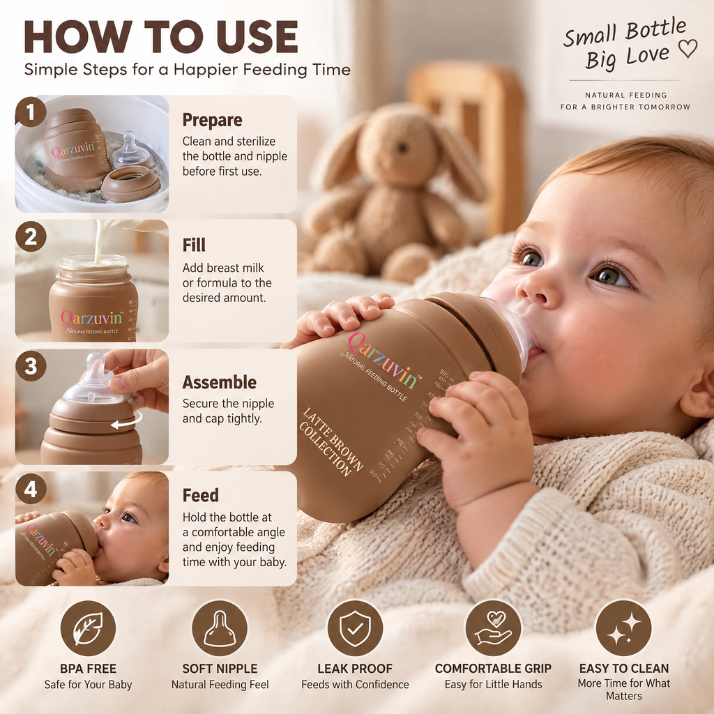 Qarzuvin™ Natural Feeding Baby Bottle – Anti-Colic Wide-Neck Baby Bottle with Breast-Like Silicone Nipple (Latte Brown Collection)