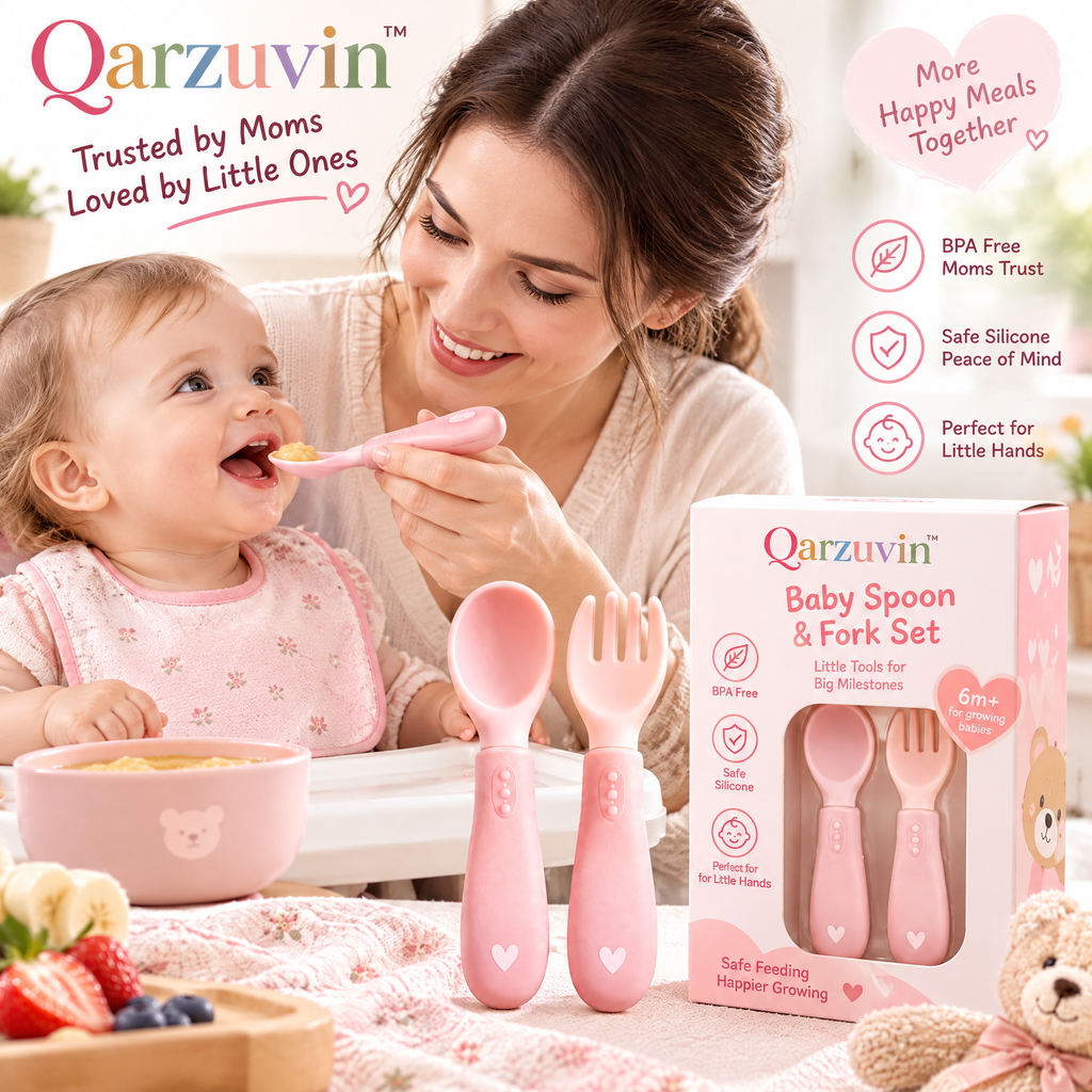 Qarzuvin™ Silicone Baby Spoon and Fork Set – BPA-Free Self-Feeding Toddler Utensils with Easy-Grip Ergonomic Handles (Blush Pink)