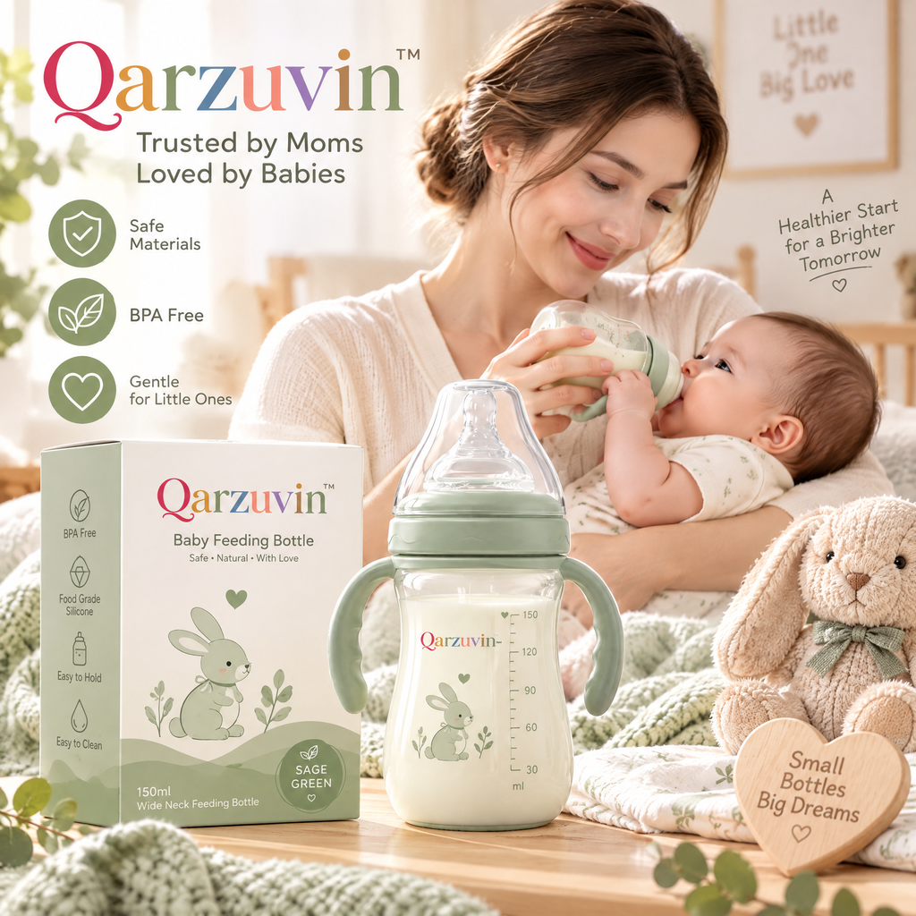 Qarzuvin™ 150ml Baby Feeding Bottle with Removable Handles – Anti-Colic Wide-Neck Infant Transition Trainer Cup, Cute Bunny Print (Sage Green)