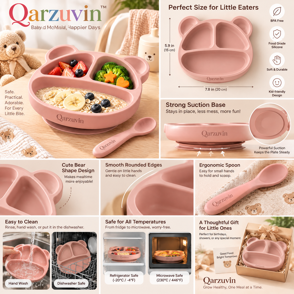 Qarzuvin™ Bear-Shaped Silicone Divided Suction Plate with Matching Spoon | Non-Slip Toddler Feeding Dish for Baby-Led Weaning (Dusty Pink)