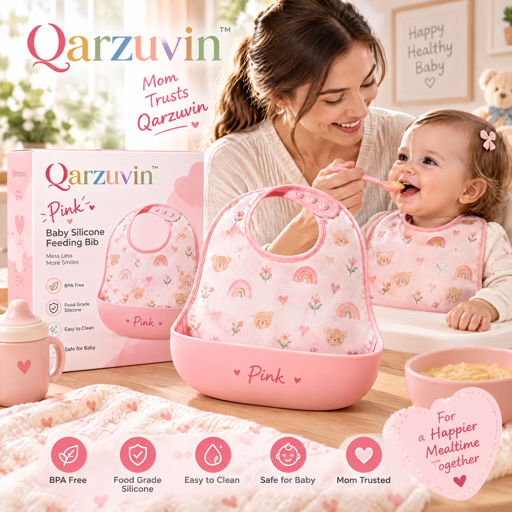 Qarzuvin™ Waterproof Baby Bib with Wide Silicone Food Catcher Pocket – Soft &amp; Adjustable Toddler Feeding Bib (Pink Bear &amp; Rainbow)