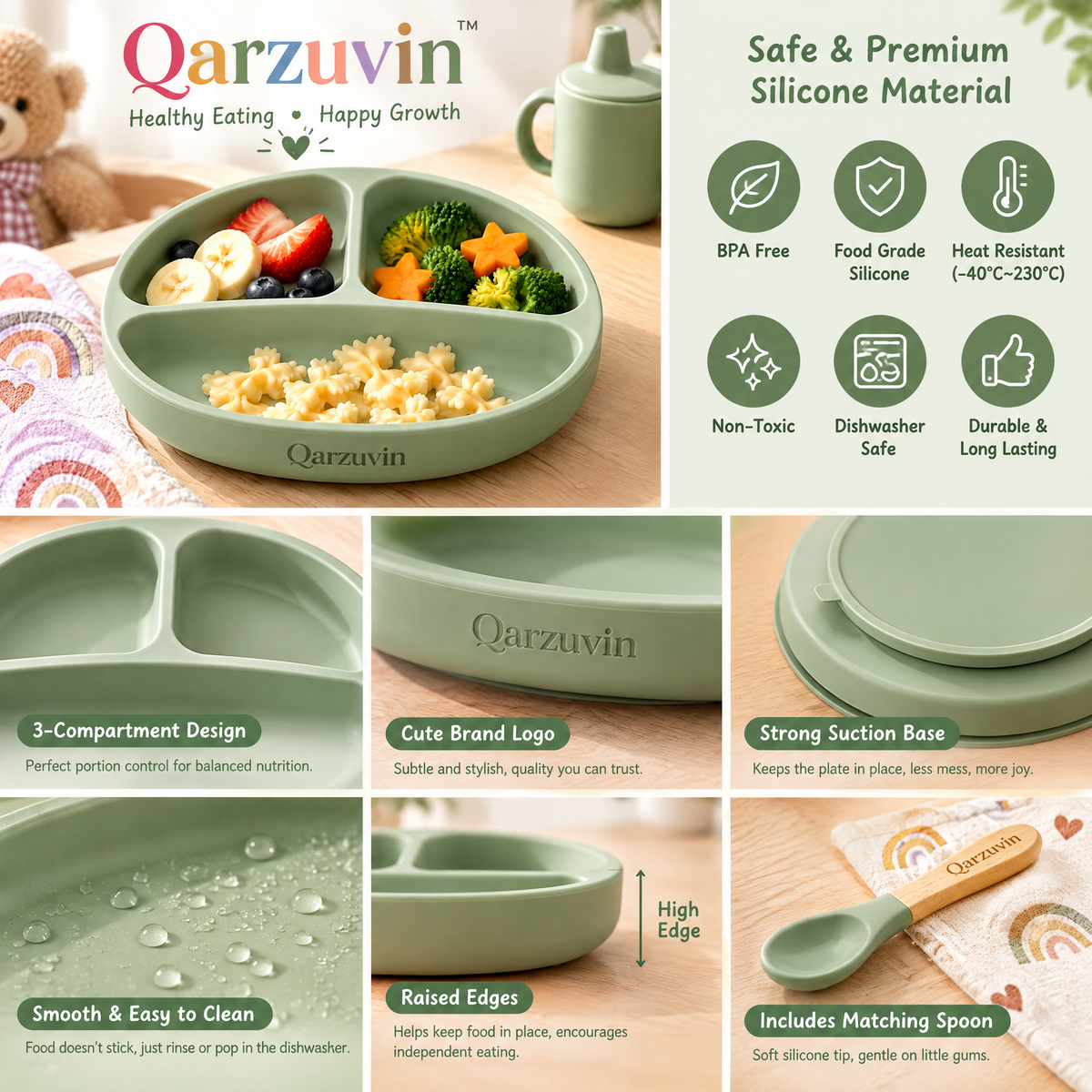 Qarzuvin™ 3-Piece Silicone Baby Feeding Set – Divided Suction Plate, Wooden Handle Spoon &amp; Training Sippy Cup (Sage Green)