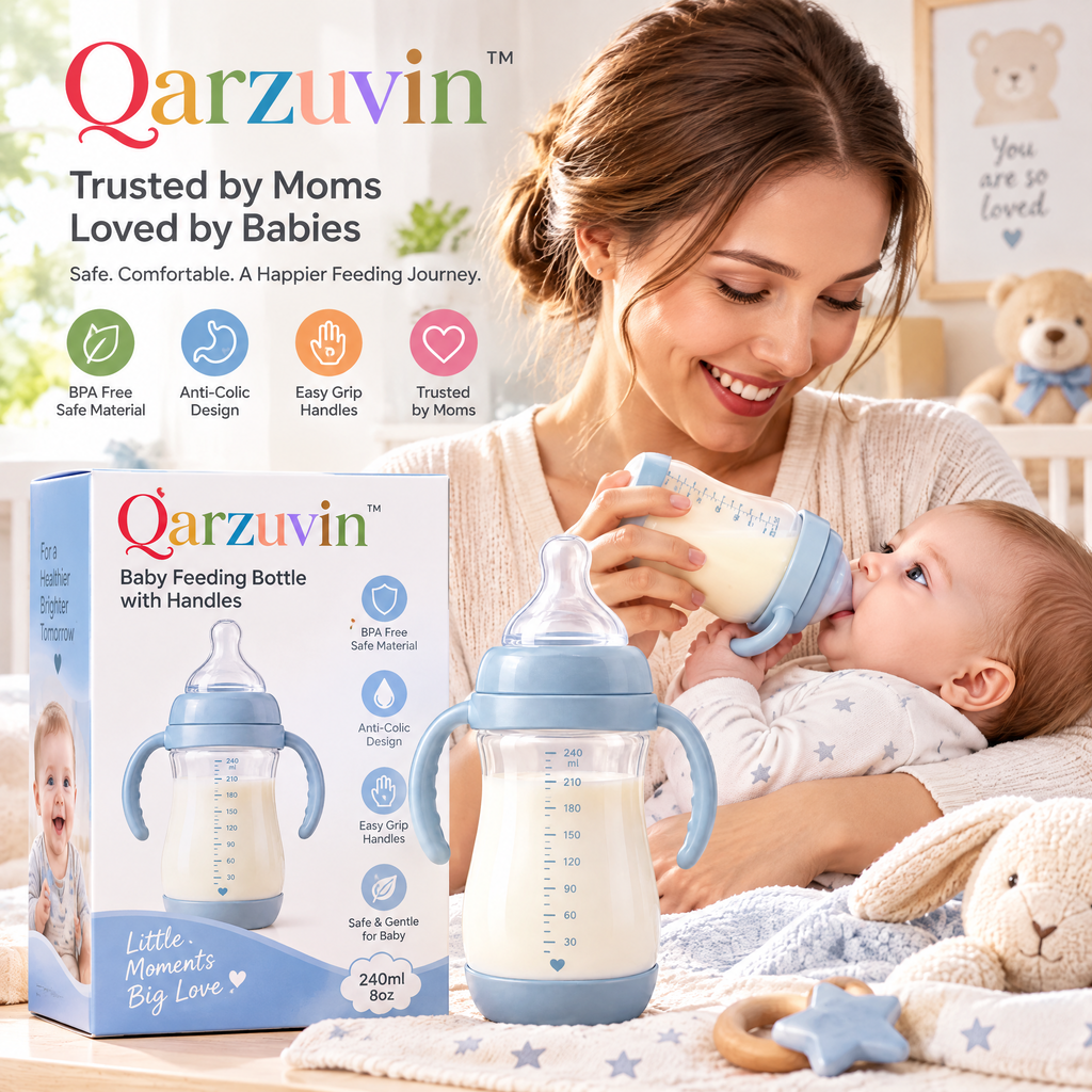 Qarzuvin™ 240ml (8oz) Anti-Colic Baby Feeding Bottle with Easy-Grip Dual Handles &amp; Soft Silicone Teat – Pastel Blue