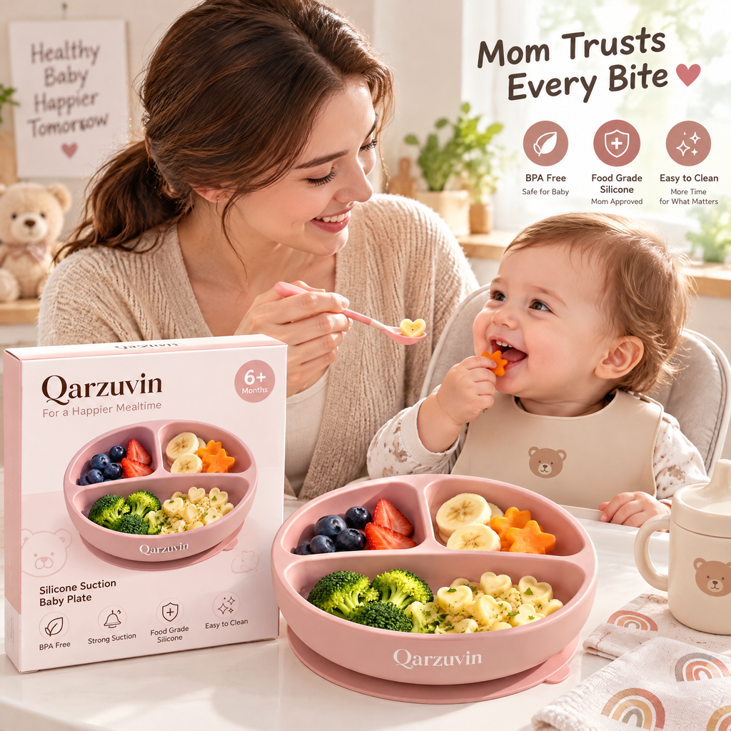 Qarzuvin™ Silicone Baby Suction Plate – Divided Toddler Plate with Strong Non-Slip Suction Base &amp; Easy-Release Tab, Microwave &amp; Dishwasher Safe, BPA-Free Self-Feeding Plate for Babies and Toddlers