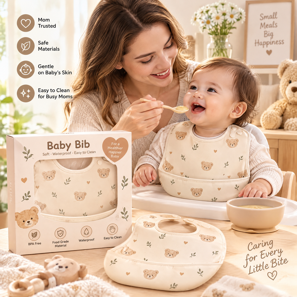 Qarzuvin™ Waterproof Baby Bib with Deep Food Catcher Pocket – Adjustable Snap Closure Wipe-Clean Toddler Feeding Bib for Weaning (Teddy Bear Print)
