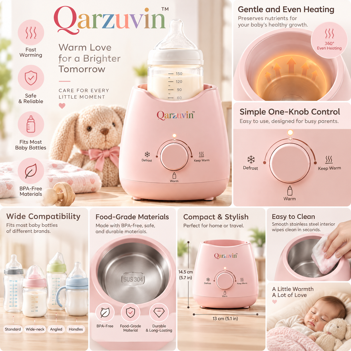Qarzuvin™ 3-in-1 Compact Baby Bottle Warmer with 360° Gentle Heating, Food-Grade 304 Stainless Steel &amp; Easy One-Knob Control