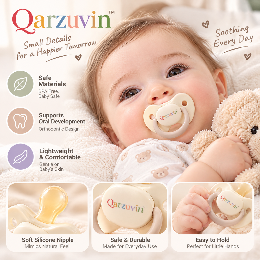 Qarzuvin™ Natural Soothing Baby Pacifier with Breathable Curved Shield &amp; Easy-Grip Ring – BPA-Free Infant Soother (Cream)