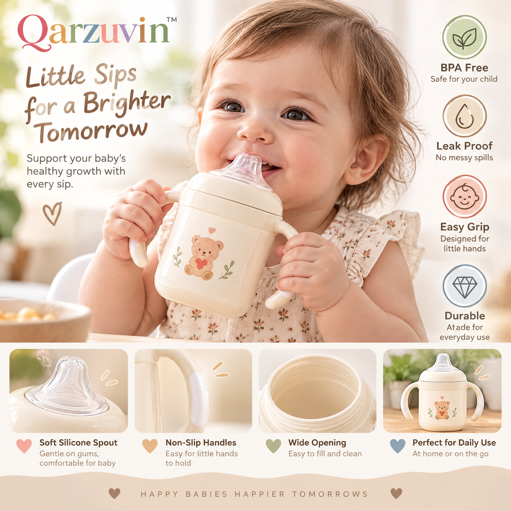 Qarzuvin™ Baby Sippy Cup with Handles – Spill-Proof Toddler Transition Cup with Soft Silicone Spout, BPA-Free Easy-Grip Training Cup (Cream Bear)