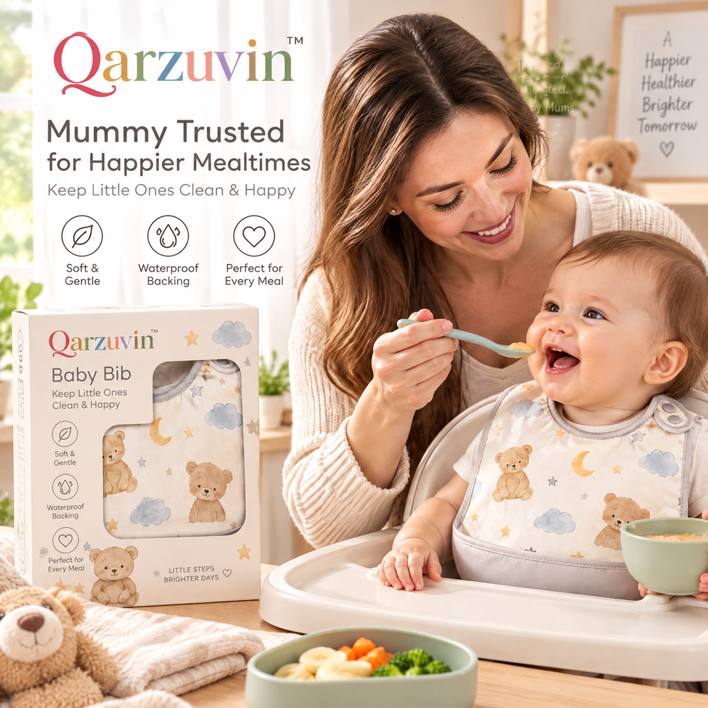 Qarzuvin™ Waterproof Baby Bib with Food Catcher Pocket – Soft &amp; Adjustable Toddler Weaning Bib, Neutral Teddy Bear Print