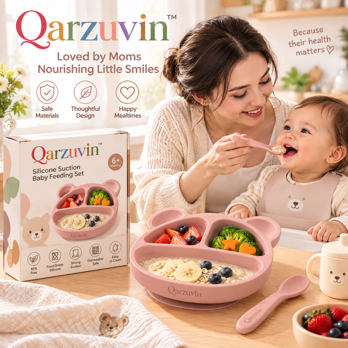 Qarzuvin™ Bear-Shaped Silicone Divided Suction Plate with Matching Spoon | Non-Slip Toddler Feeding Dish for Baby-Led Weaning (Dusty Pink)