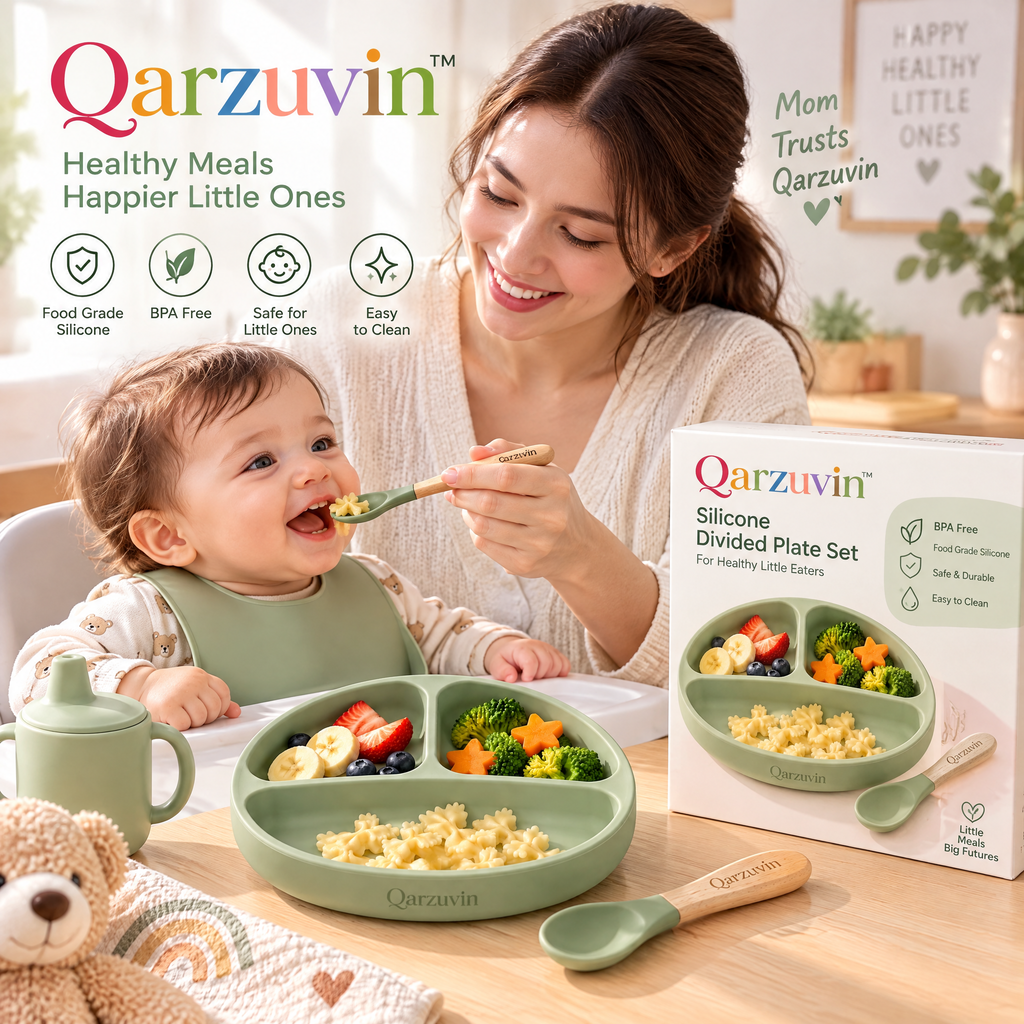 Qarzuvin™ 3-Piece Silicone Baby Feeding Set – Divided Suction Plate, Wooden Handle Spoon &amp; Training Sippy Cup (Sage Green)