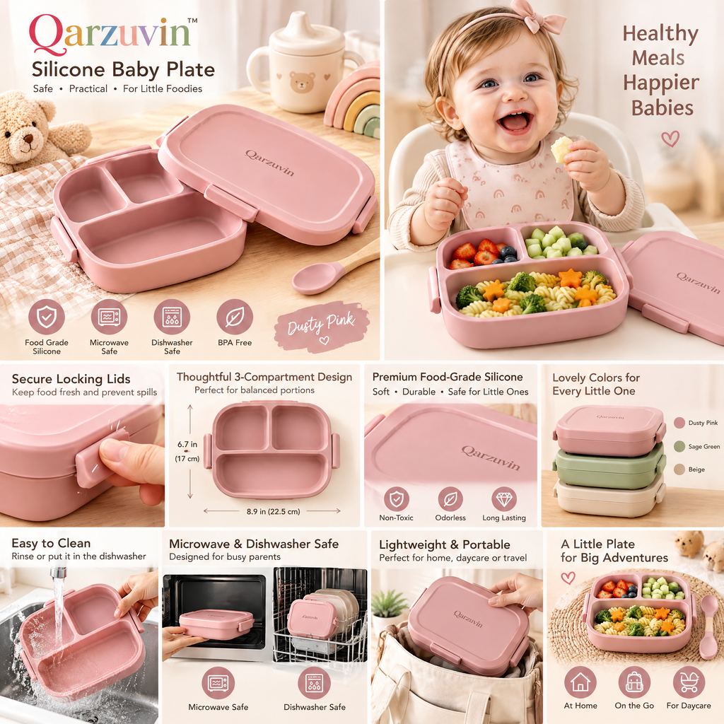 Qarzuvin™ Silicone Divided Baby Plate with Secure-Lock Lid – 3-Compartment Portable Bento Food Container for Babies &amp; Toddlers, BPA-Free, Microwave &amp; Dishwasher Safe (Dusty Pink)
