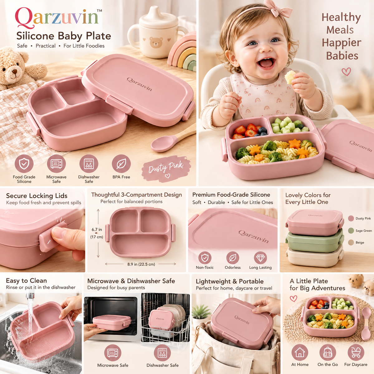 Qarzuvin™ Silicone Divided Baby Plate with Secure-Lock Lid – 3-Compartment Portable Bento Food Container for Babies &amp; Toddlers, BPA-Free, Microwave &amp; Dishwasher Safe (Dusty Pink)
