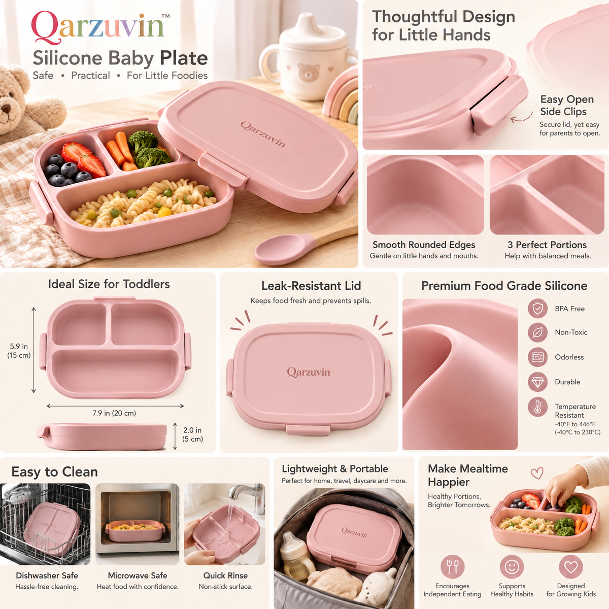 Qarzuvin™ Silicone Divided Baby Plate with Secure-Lock Lid – 3-Compartment Portable Bento Food Container for Babies &amp; Toddlers, BPA-Free, Microwave &amp; Dishwasher Safe (Dusty Pink)