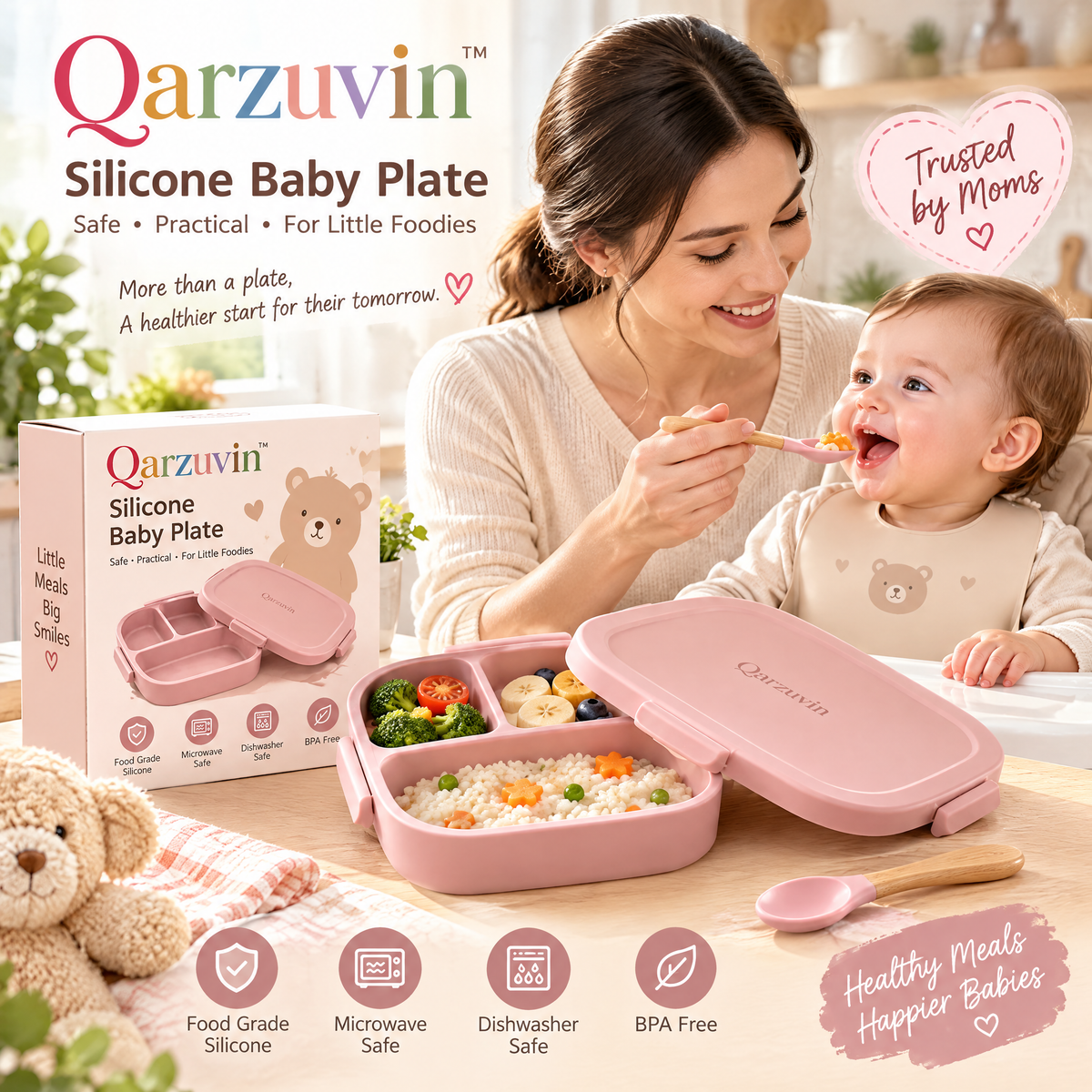 Qarzuvin™ Silicone Divided Baby Plate with Secure-Lock Lid – 3-Compartment Portable Bento Food Container for Babies &amp; Toddlers, BPA-Free, Microwave &amp; Dishwasher Safe (Dusty Pink)