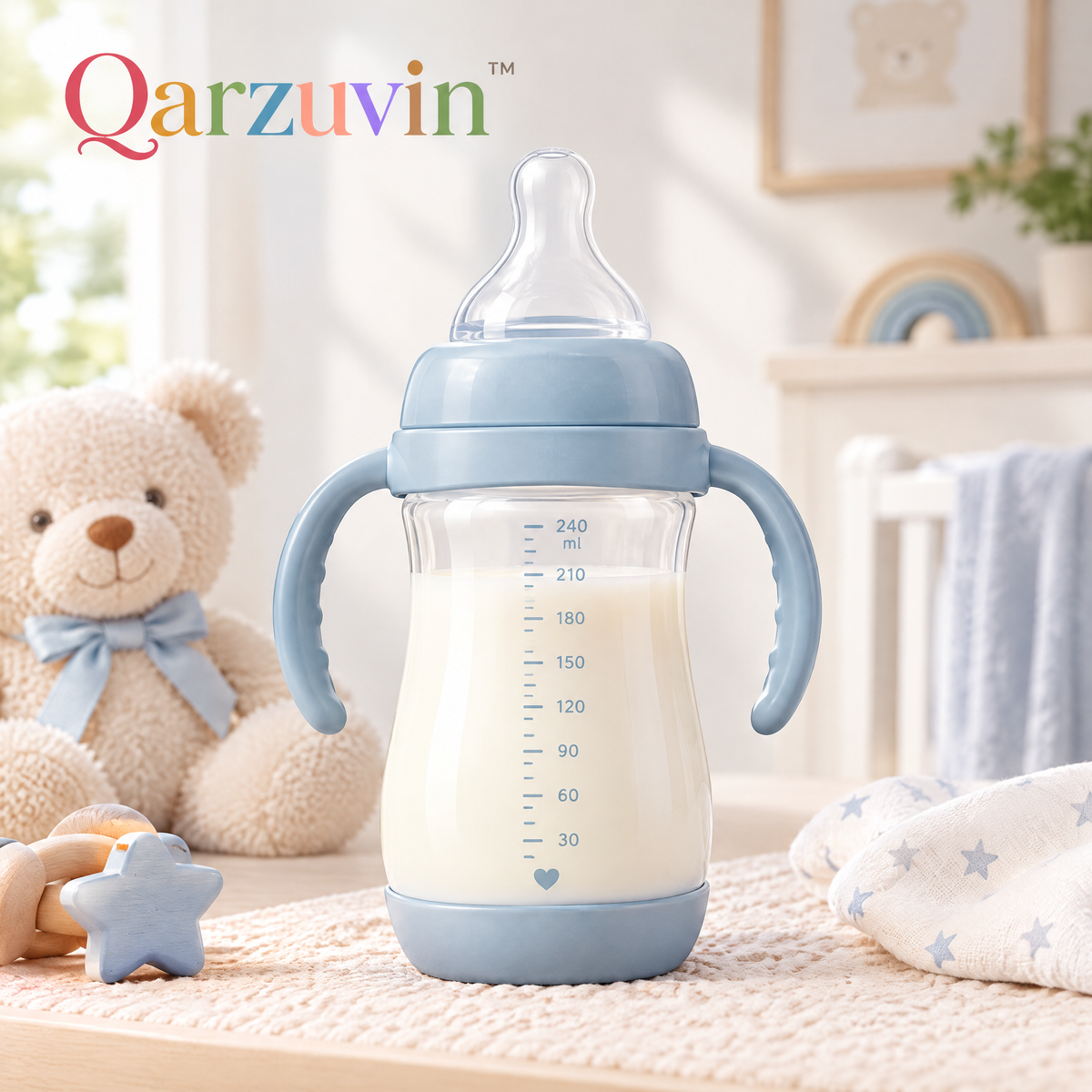 Qarzuvin™ 240ml (8oz) Anti-Colic Baby Feeding Bottle with Easy-Grip Dual Handles &amp; Soft Silicone Teat – Pastel Blue